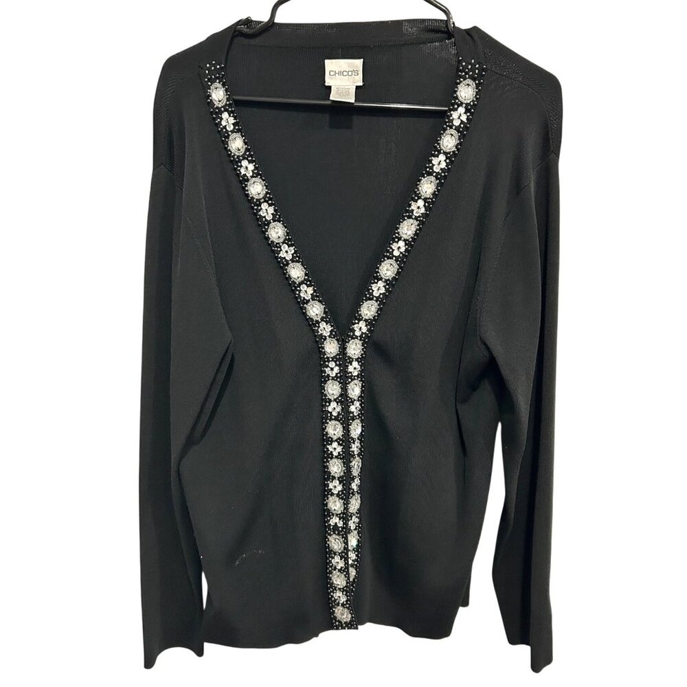 Chicos Black Embellished Cardigan Sweater Floral Rhinestone Long Sleeve Sz L